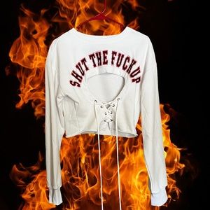 AKIRA STFU Rhinestone Lace Up Sweatshirt